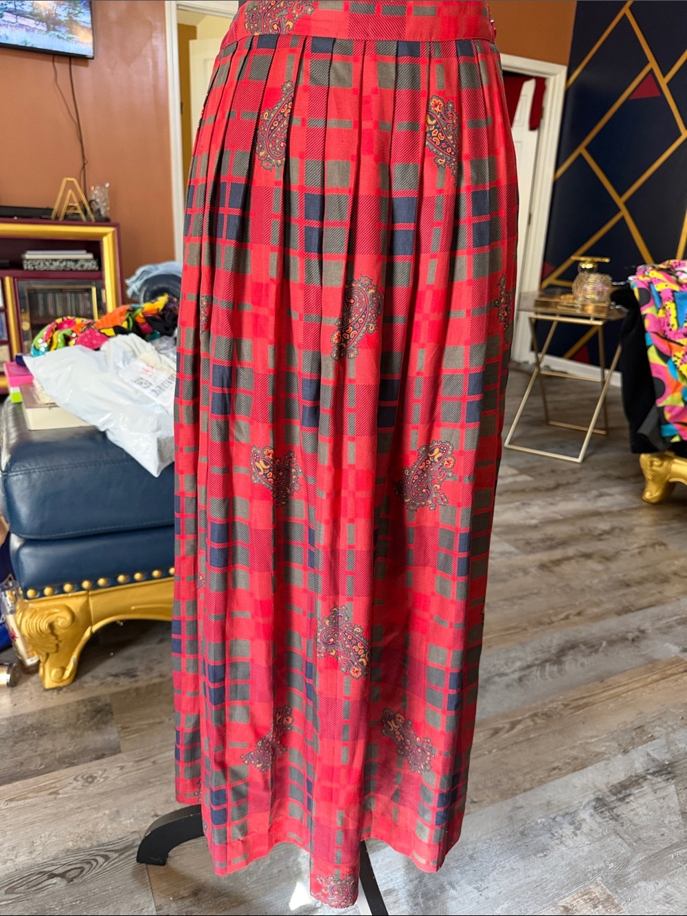 The Villager Vintage Women’s Red Plaid Maxi Skirt with Paisley Accents
